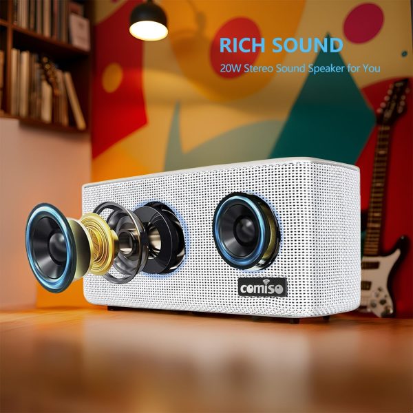 comiso Bluetooth Speakers, Portable Speaker 5.0 with 20W Stereo Sound, Wireless Stereo Pairing, Wood Bluetooth Audio with Subwoofer, 24H Playtime, Hands-Free, Great for Office, Home, Outdoor - Image 2