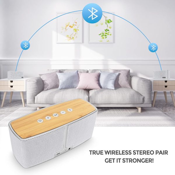comiso Bluetooth Speakers, Portable Speaker 5.0 with 20W Stereo Sound, Wireless Stereo Pairing, Wood Bluetooth Audio with Subwoofer, 24H Playtime, Hands-Free, Great for Office, Home, Outdoor - Image 4