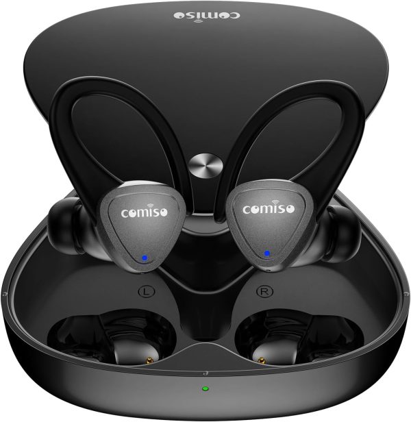 comiso Wireless Earbuds Bluetooth Headphones-5.3 Headphone Sport with Noise Cancelling Mic, Stereo Bass Over Ear Buds with Earhooks, Charging Case, 60H in Ear Bluetooth Earphone for Workout Running