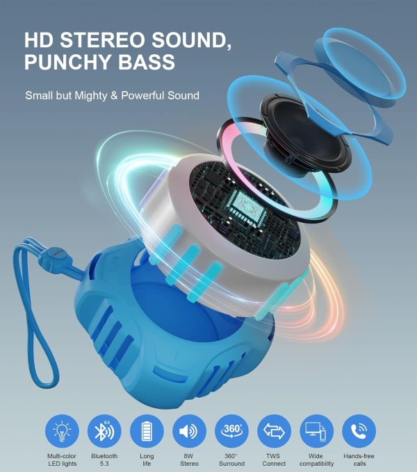 comiso Waterproof Speaker with Robust Bass, Shower Speaker with Dynamic Light, TWS Mode, Loud HD Sound, IP67 Waterproof, 2000mAh, Portable Wireless Speakers for Home, Outdoor/Kayak, Gift for Unisex. - Image 9